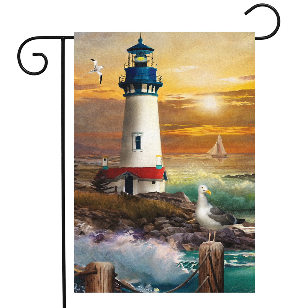 Image of Sunset Lighthouse Summer Garden Flag