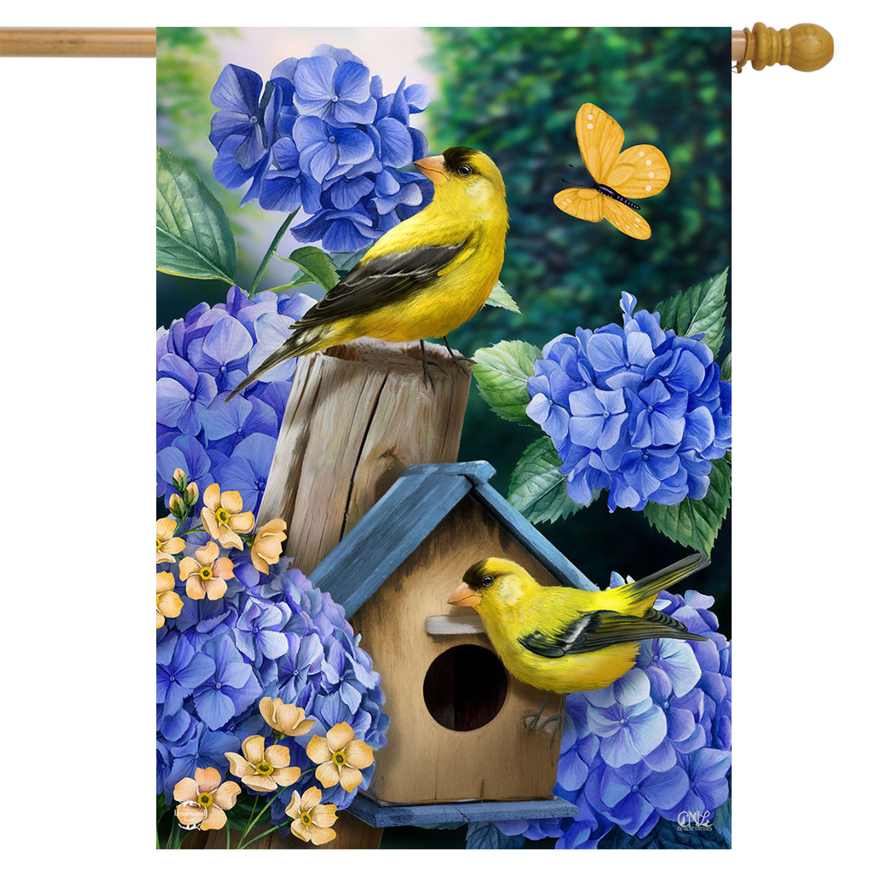 Briarwood Lane Goldfinches and Hydrangea House Flag - Afbeelding 1 van 8