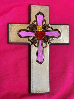 Wooden Cross with Embossed Pink Heart