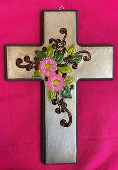 Wooden Repujado Cross with Pink Flowers