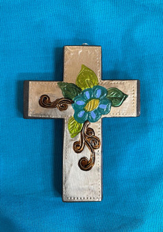 Small Wooden Repujado Cross with Flower
