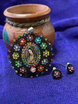 Virgen Pendant and Earring Set Black