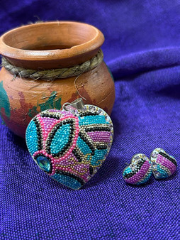 Heart Pendant and Earring Set Pink/Purple