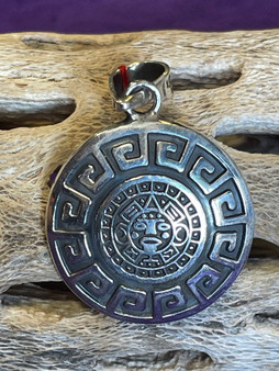 Aztec Calendar Round Silver Pendant