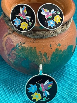 Silver Hummingbird Colibri Earring and Pendant Set