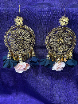 FIligree Earrings Round Blue and Pink Tassles