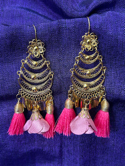 FIligree Earrings Cascade With Pink Tassles