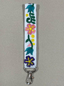 White Embroidered Wrist Pink/Purple Flower Lanyard