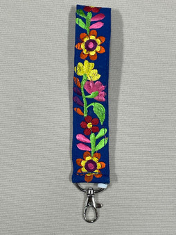 Blue Embroidered Wrist Orange/Red Flower Lanyard