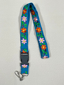 Turquoise Embroidered Pink/Orange Flower Lanyard