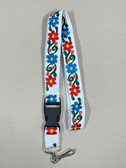 White Embroidered Red/Blue flower Lanyard
