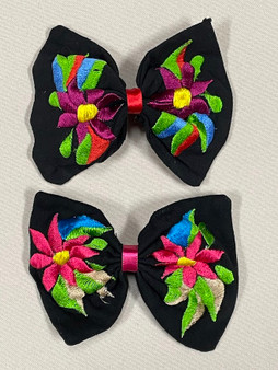 Black Embroidered Hair Bow Pink/Purple Flower