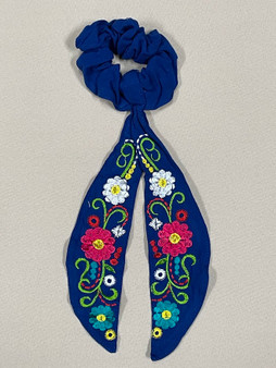 Scrunchie With Bows Dark Blue (Pink Flower)