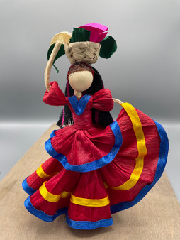 Corn Husk Doll Red With Flowers