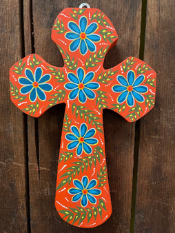 Wooden Orange Cross With Blue Flowers