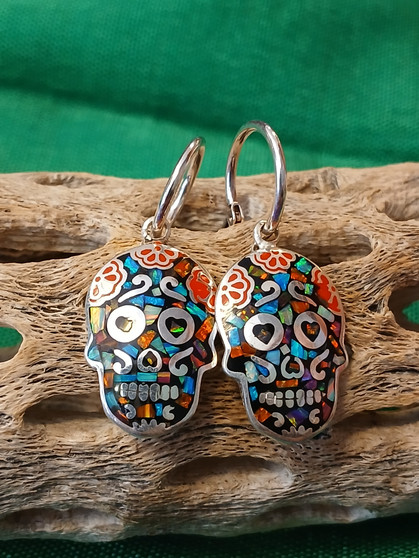 Silver Multi Color Sugar Skull Earrings