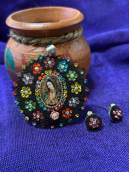 Virgen Pendant and Earring Set Black