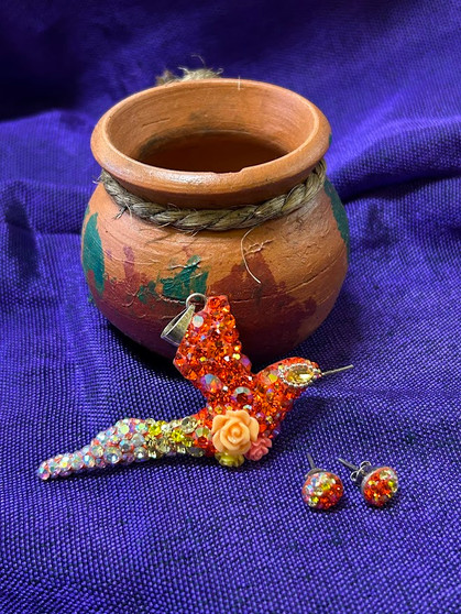 Hummingbird Pendant and Earring Set Orange