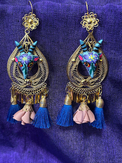FIligree Earrings Blue Deer  Alebrije