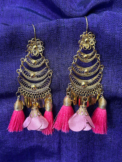 FIligree Earrings Cascade With Pink Tassles