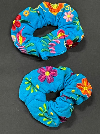 Blue Embroidered Hair Scrunchies