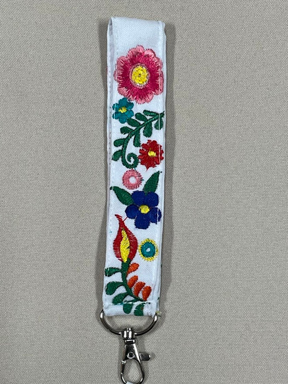 White Embroidered Wrist Pink/Blue Flower Lanyard