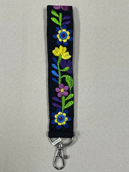Black Embroidered Wrist Blue/Purple Flower Lanyard
