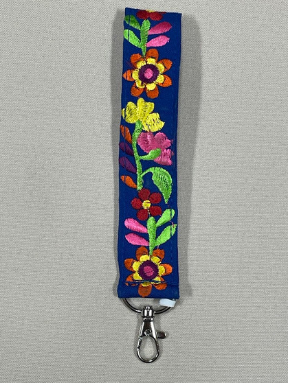 Blue Embroidered Wrist Orange/Red Flower Lanyard