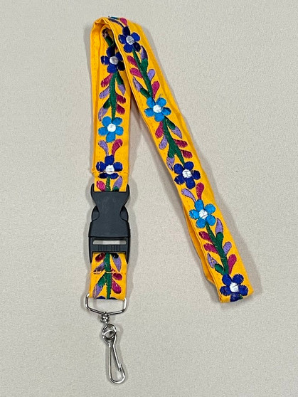Yellow Embroidered Blue Flower Lanyard