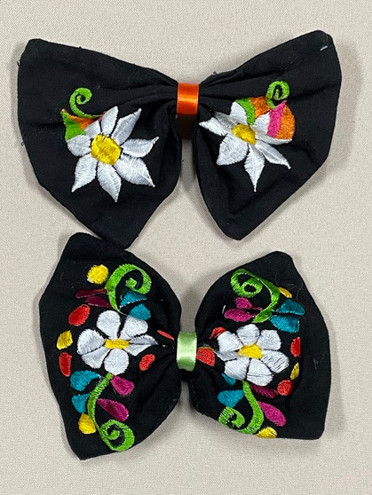 Embroidered Hair Bow Black White Flower