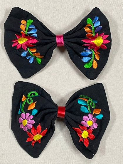Black Embroidered Hair Bow Pink/Purple&Red  Flower