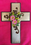 Wooden Repujado Cross with Pink Flowers