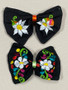 Embroidered Hair Bow Black White Flower