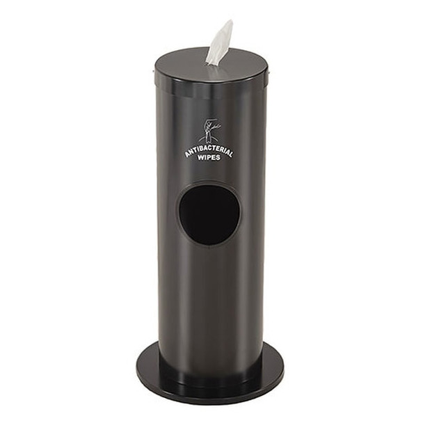 Glaro F1029-S-BK Antibacterial Wipe Dispenser -Combination Floor Standing Unit with Side Opening for Trash plus Silk Screen Message - Satin Black  Finish