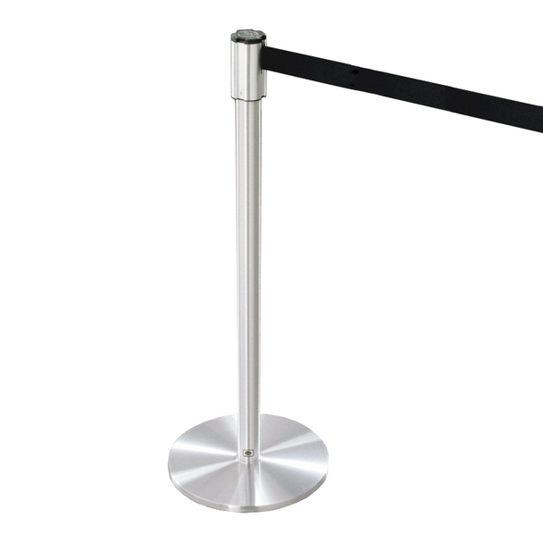 Glaro 132 Crowd Control Extenda-Barrier Post with Flat Base and 7' Black Strap - Multiple Finishes Glaro 132 Crowd Control Extenda-Barrier Post with Flat Base and 7' Black Strap - Multiple Finishes