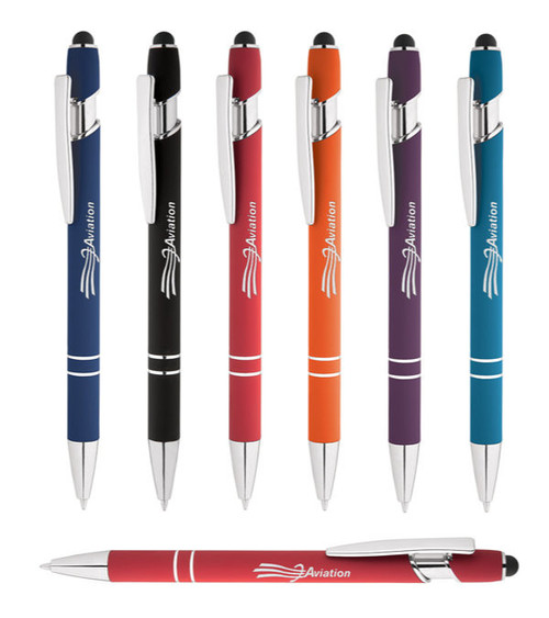 Arden Soft-Touch Werbekugelschreiber aus Metall mit Stylus und Logo