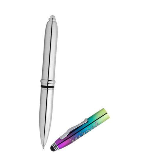 Crowne hochwertiger Kugelschreiber schillernd aus Metall mit Licht & Stylus