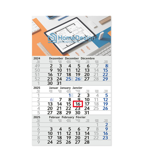 Calendrier mural basique de 3 mois en 3 langues