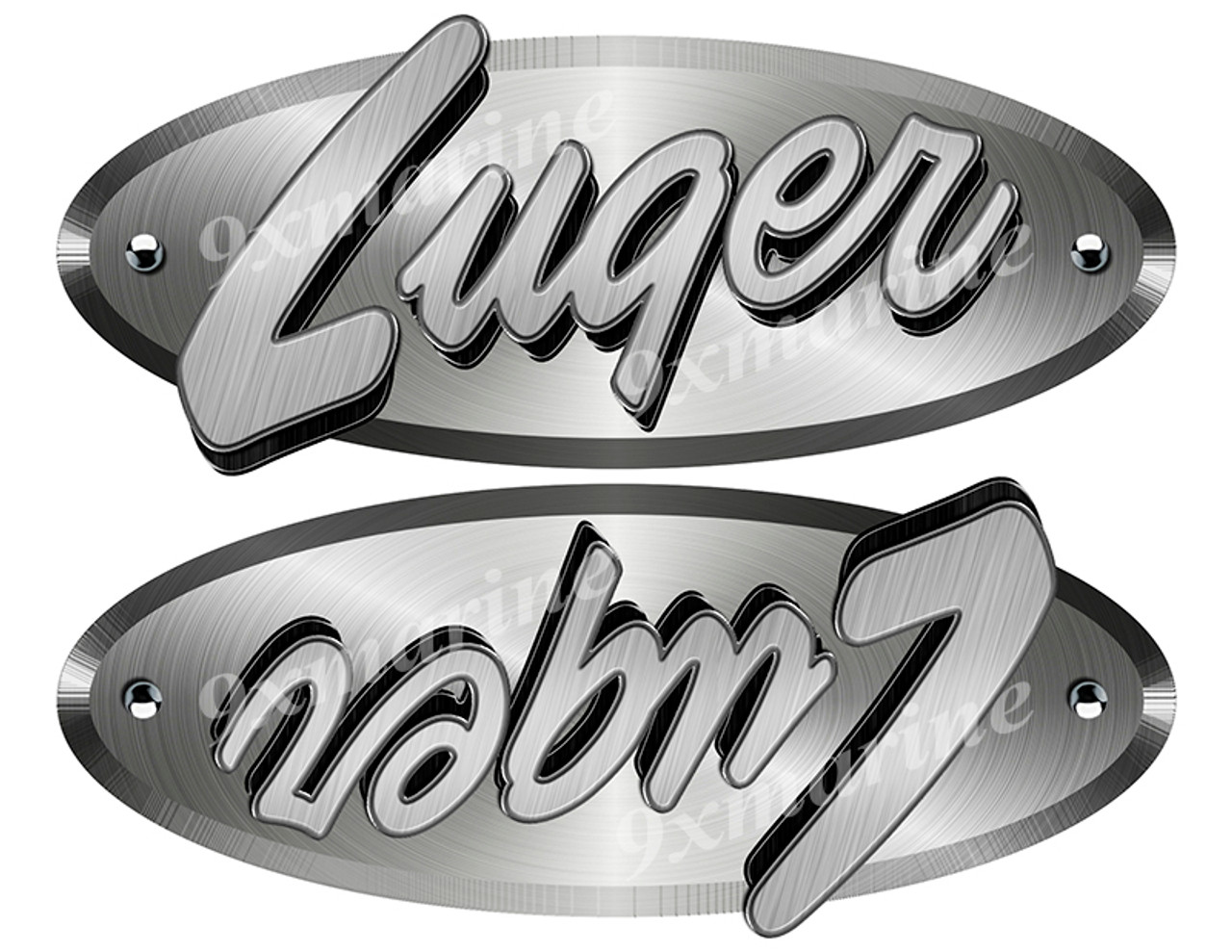 Luger Oval Remastered Stickers. Brushed Metal Style - 10" long Luger Oval Remastered Stickers. Brushed Metal Style - 10" long