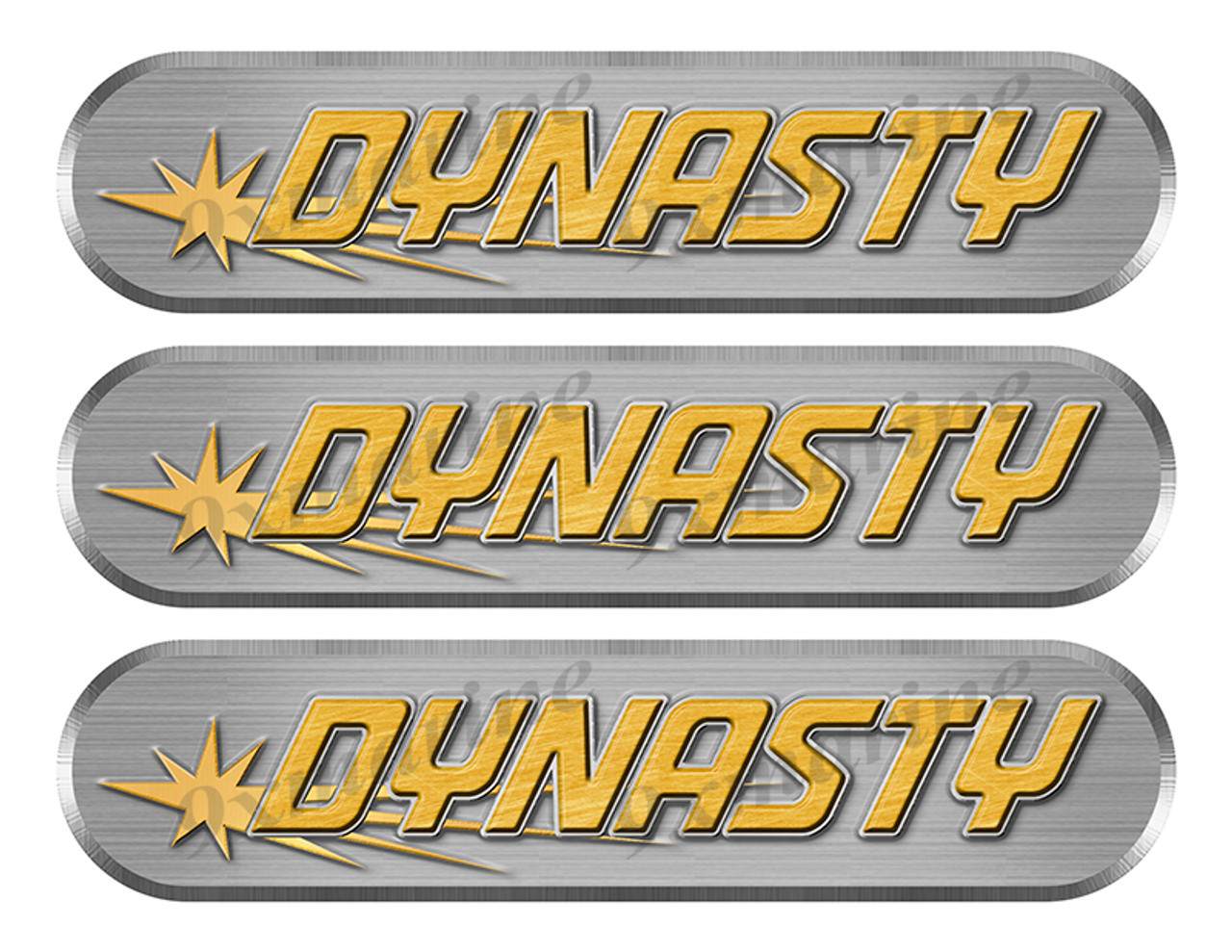 3 Dynasty Remastered Stickers. Brushed Metal Style - 10" long