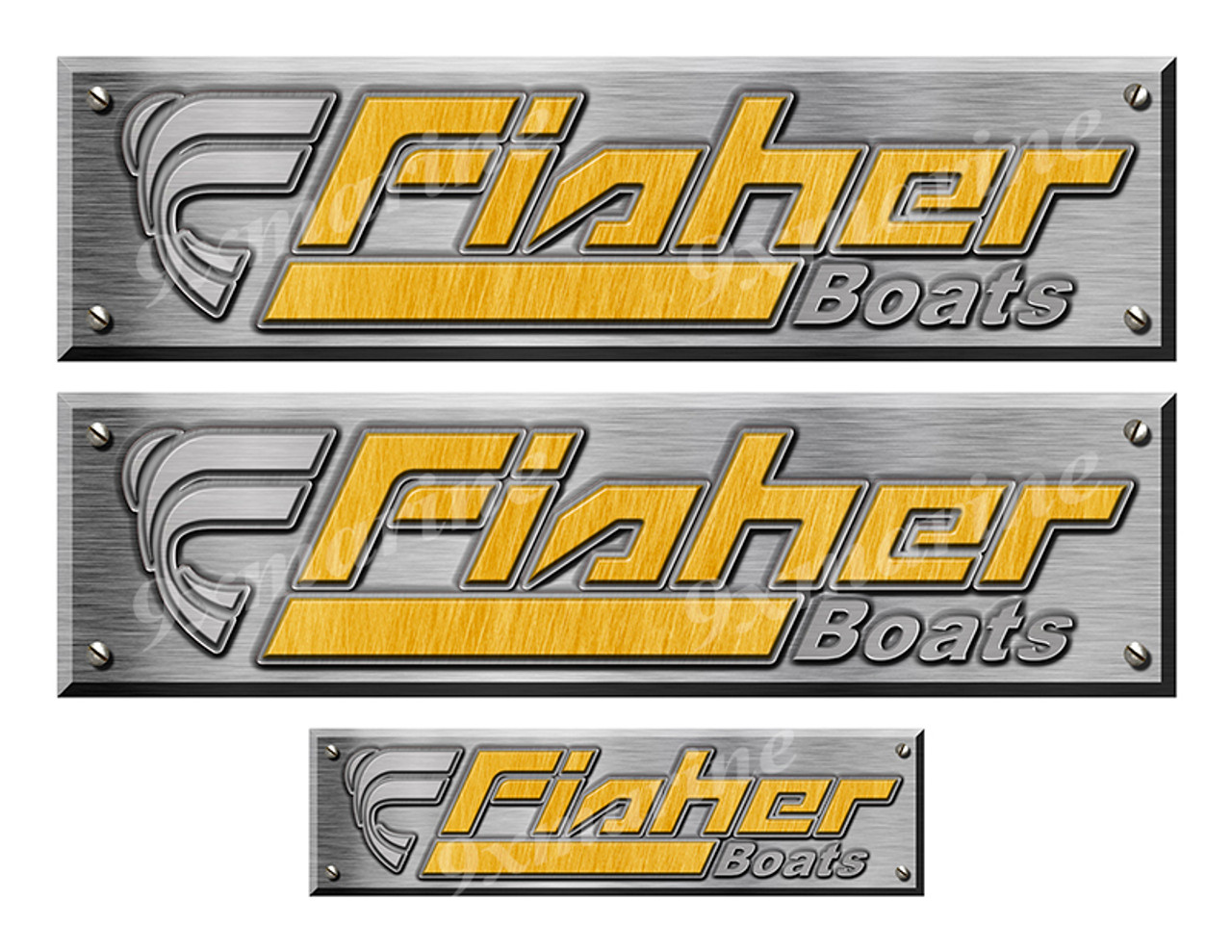 3 Fisher Remastered Stickers. Brushed Metal Style - 10" long