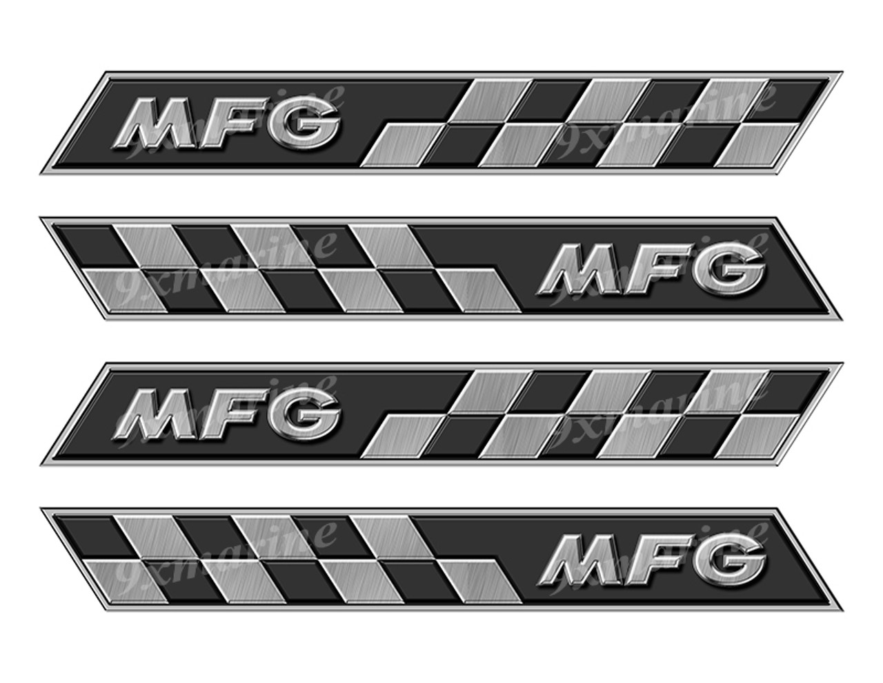 4 MFG Designer Stickers. Brushed Metal Style - 10" long. Remastered