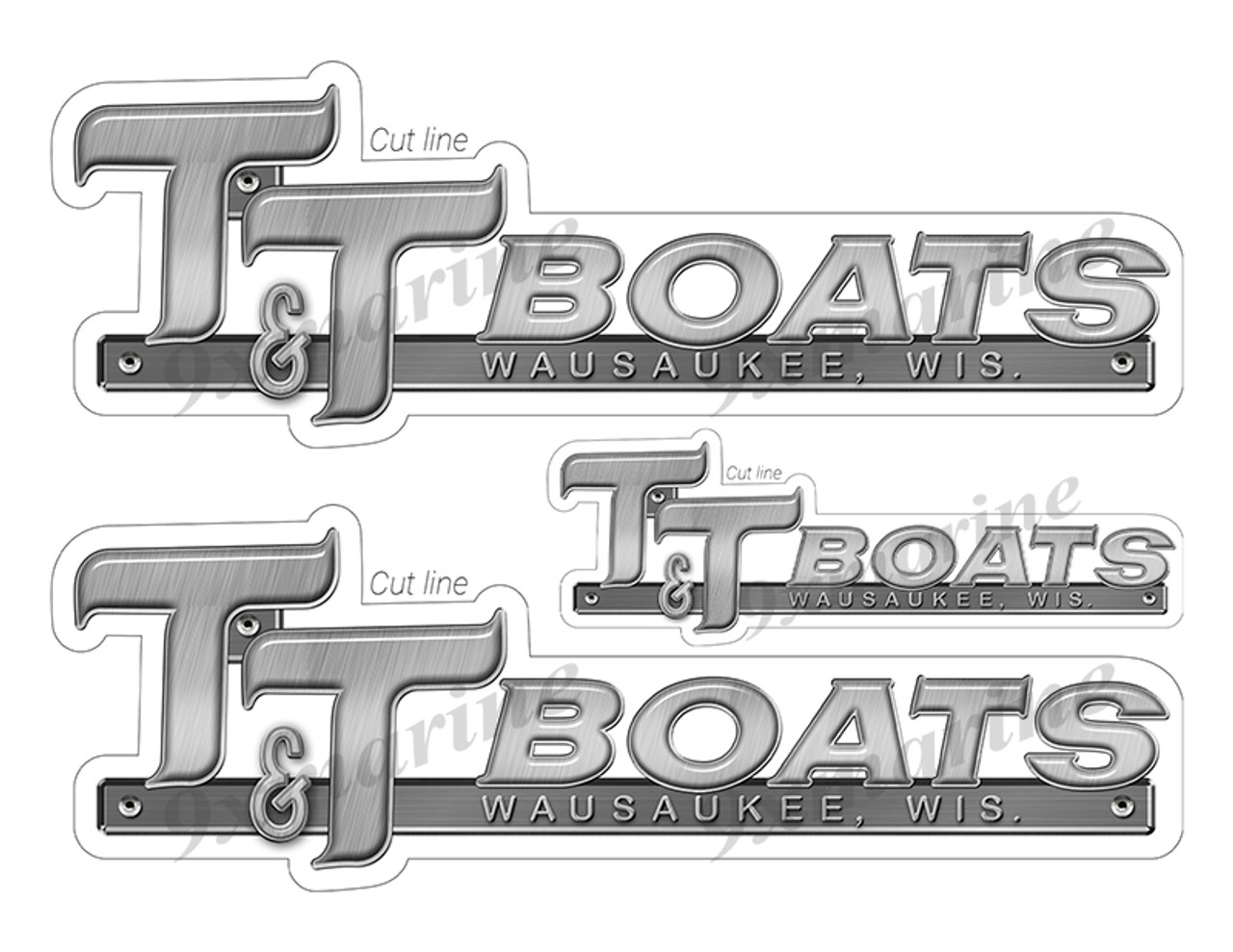 Three T&T Boat Vintage Stickers. Brushed Metal Style