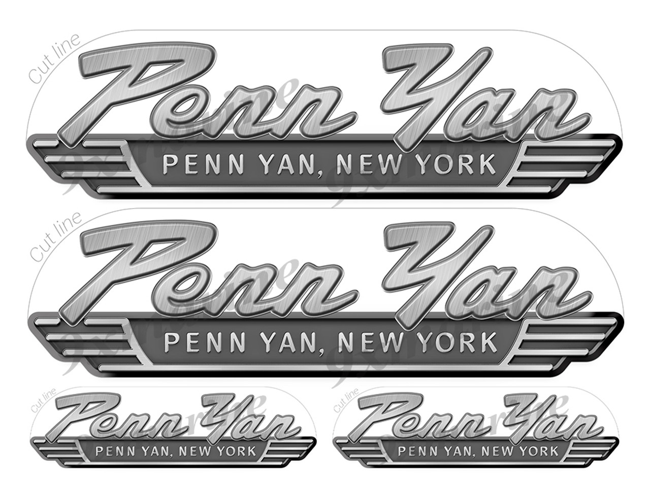 Penn Yan Remastered Stickers. Brushed Metal Style - 10" and 5" long