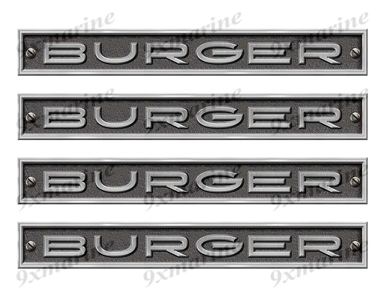 Four Burger Stickers - 10" long set. Replica Name Plate in Vinyl