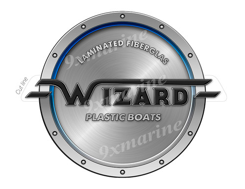 Wizard Boat Sticker. Brushed Metal Style - 7.5" diameter