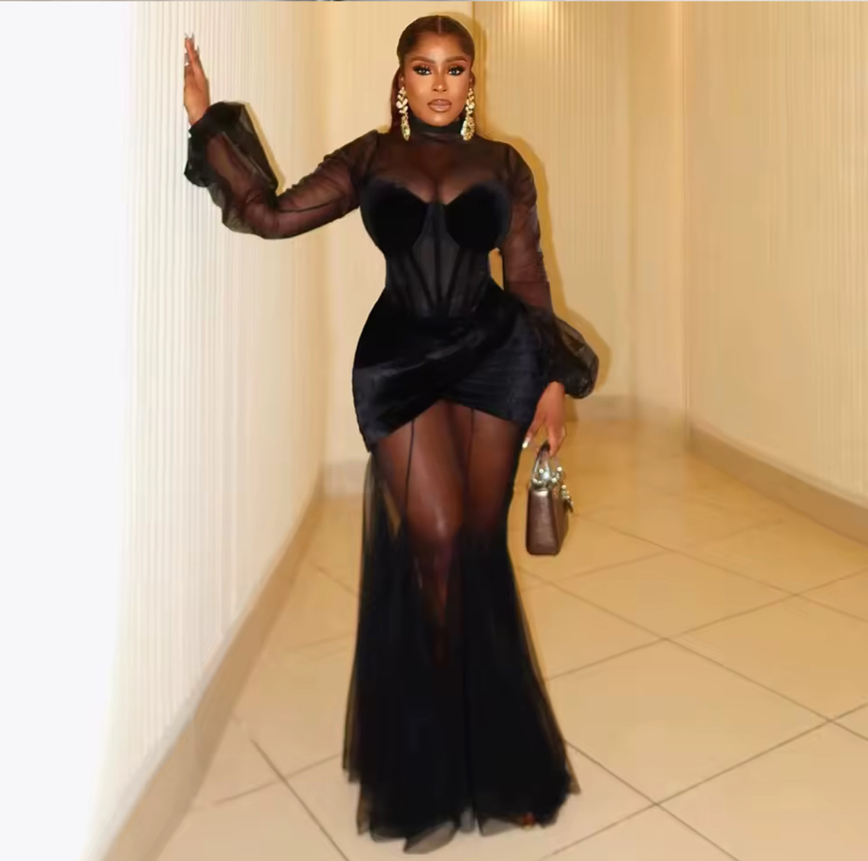 Femme Noir Sheer Tulle Mermaid Dress