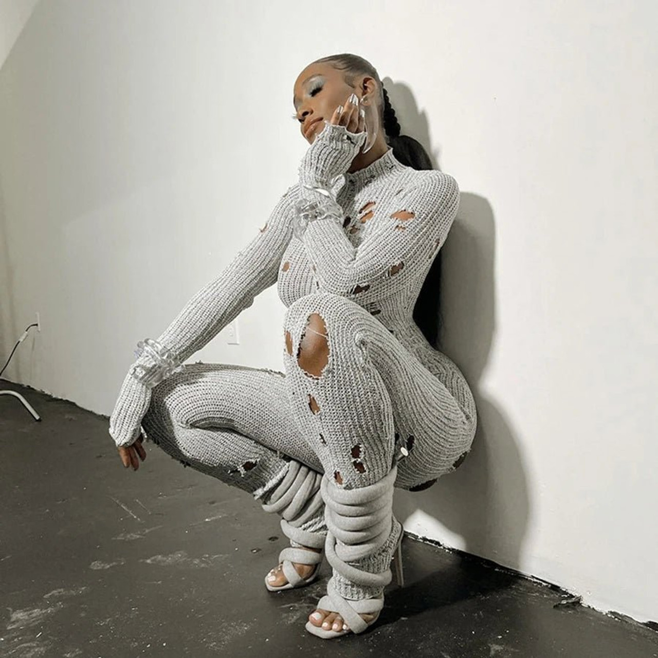 Katra Knitted Distressed Jumpsuit