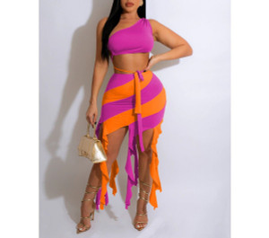 Savage One Shoulder Striped Tassel Skirt Set