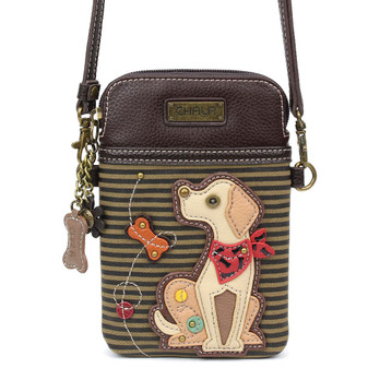 Small hand bag featuring a yellow Labrador with red bandana on olive striped background, front view
